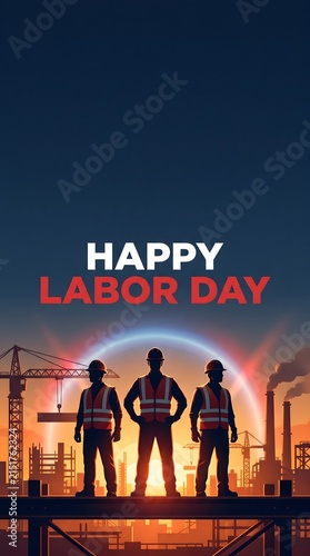 Happy Labor Day greeting card, construction workers silhouette at sunset, industrial site background with cranes and factory
