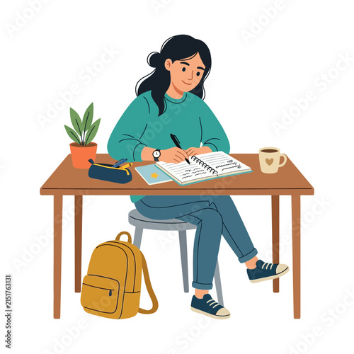 Young woman studying at desk, writing in notebook, isolated on transparent background