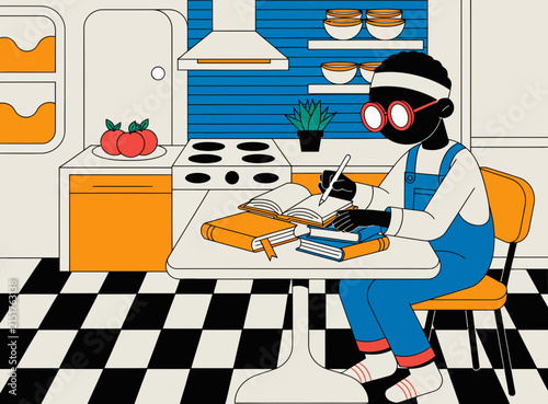 Young Person Studying at Kitchen Table, Vintage Style Illustration