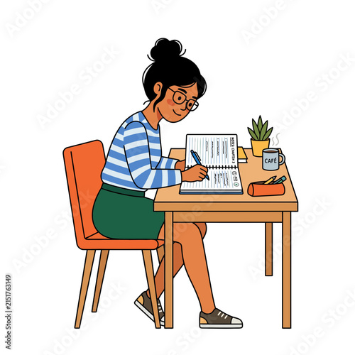 Young Woman Writing in Notebook at Desk, Isolated