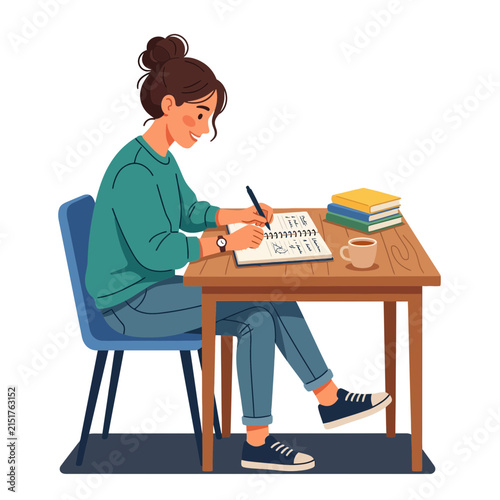 Young Woman Writing Notes at Desk with Coffee and Books, Isolated