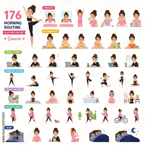 Young Woman's Morning Routine Daily Activities Set Isolated