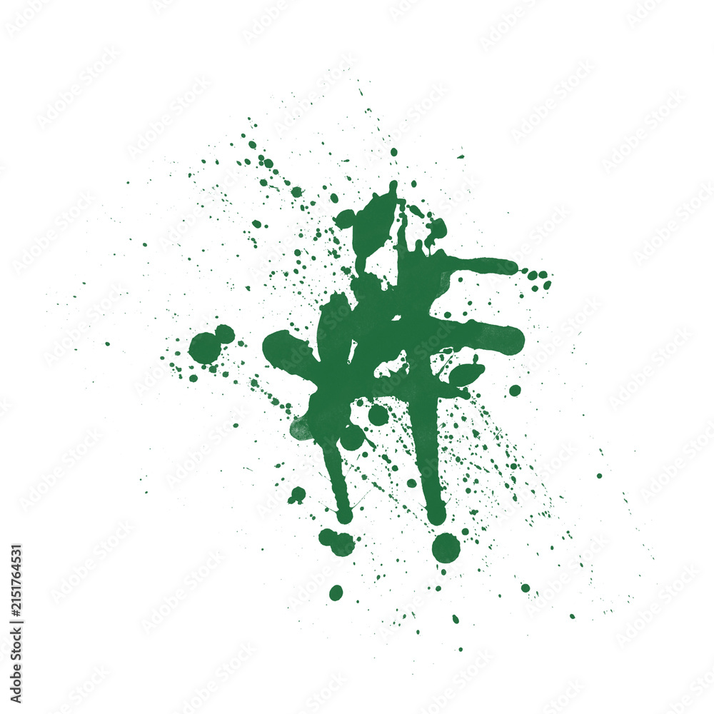Obraz premium Green Dense Paint Splatters with Cross Strokes on White Background