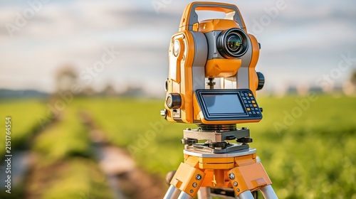 Close up of a yellow digital total station surveying instrument on a tripod against blurred green field background
