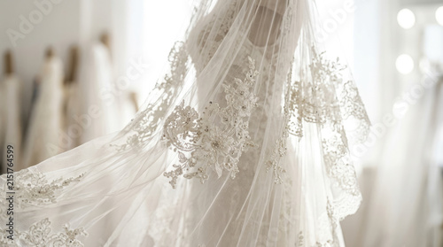 Elegant lace wedding dress with embroidered veil hanging in bridal boutique for luxury wedding fashion concept