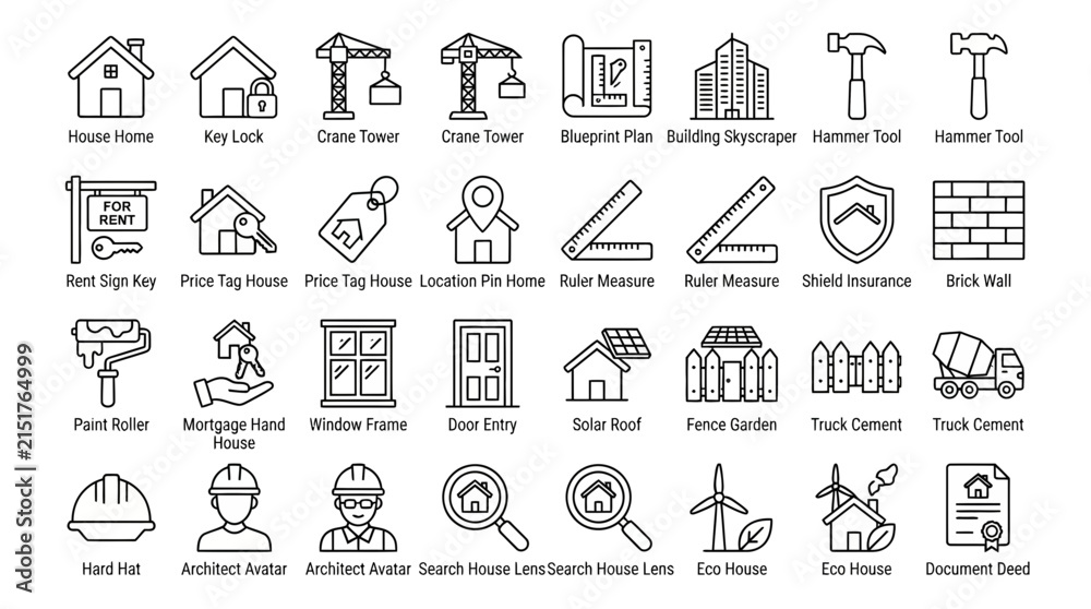 Fototapeta premium Construction icons feature detailed architectural planning tools and residential building development symbols.