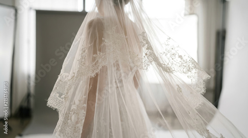 Back view of bride wearing elegant lace veil and wedding dress in photography studio for bridal fashion marketing