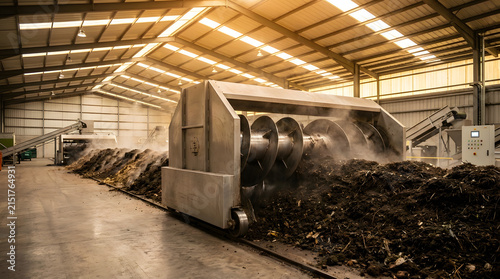 Plakat w ramie Industrial composting machine processing organic waste in a large warehouse facility.