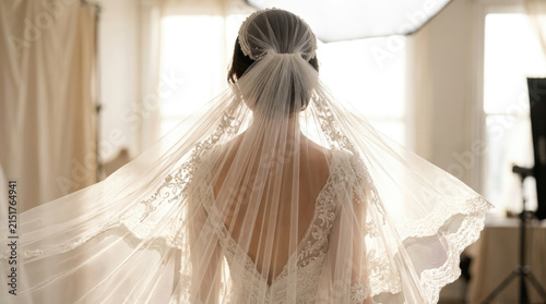 Back view of a bride wearing an elegant lace veil and wedding dress standing in a bright studio, bridal fashion concept