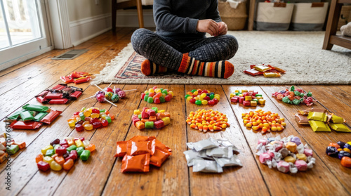 Child sitting on wooden floor sorting colorful Halloween candy piles in cozy home, autumn childhood concept