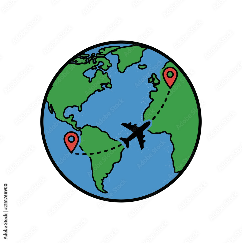 Fototapeta premium Airplane flying over world globe with location pins on white