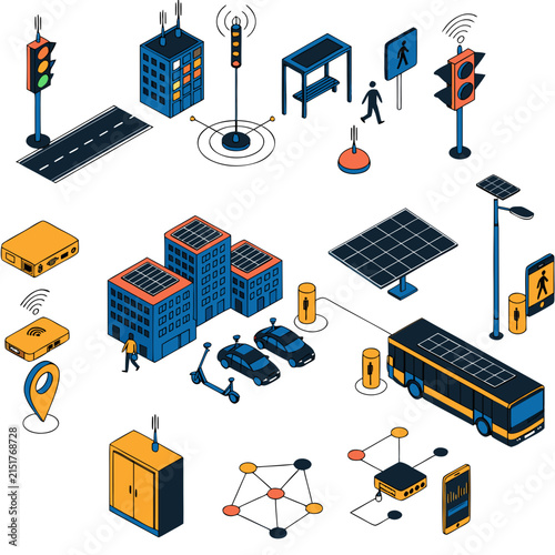 Smart City Infrastructure with Connected Traffic Lights Electric Transport and Solar Buildings Isometric Vector