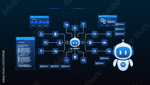 Tapety artystyczne AI agentic workflow automation artificial intelligence with search function, data sources, filtering nodes, coding steps, and automation system.