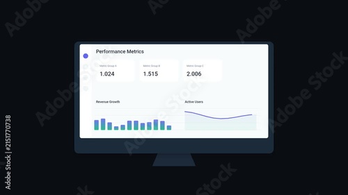 Digital Analytics Dashboard Displaying Key Performance Indicators and Business Data Trends on a Sleek Modern Desktop Computer Monitor