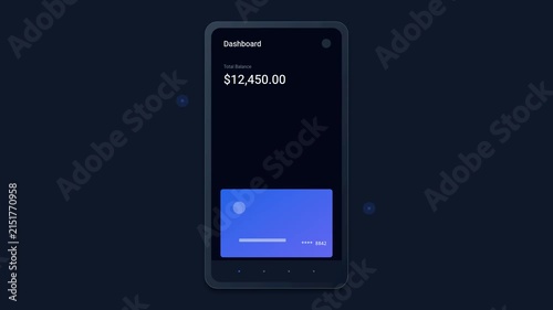 A sleek dark mode mobile application interface showcasing a personal finance dashboard with current balance, designed for modern digital banking and secure online money management