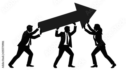 Teamwork pushing arrow up, business growth concept, silhouette illustration