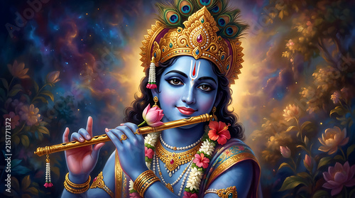 Lord krishna playing the flute with peacock feather crown and lotus flowers in a divine garden