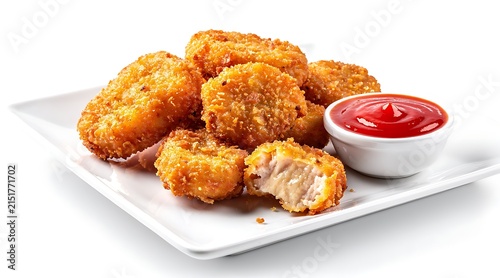 Crispy Chicken Nuggets Served with Ketchup on a White Plate.
