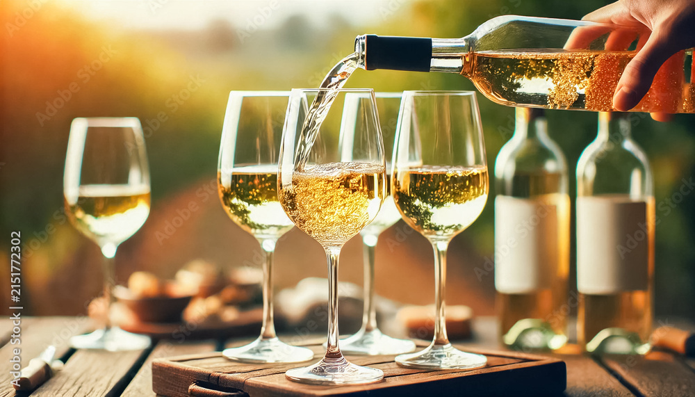 Obraz premium Elegant Wine Pouring in a Sunny Outdoor Setting