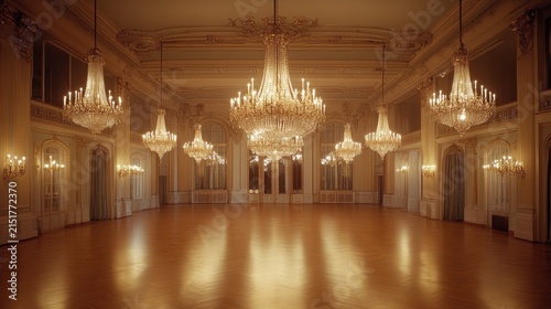 Elegant ballroom with chandeliers and polished wooden floor
