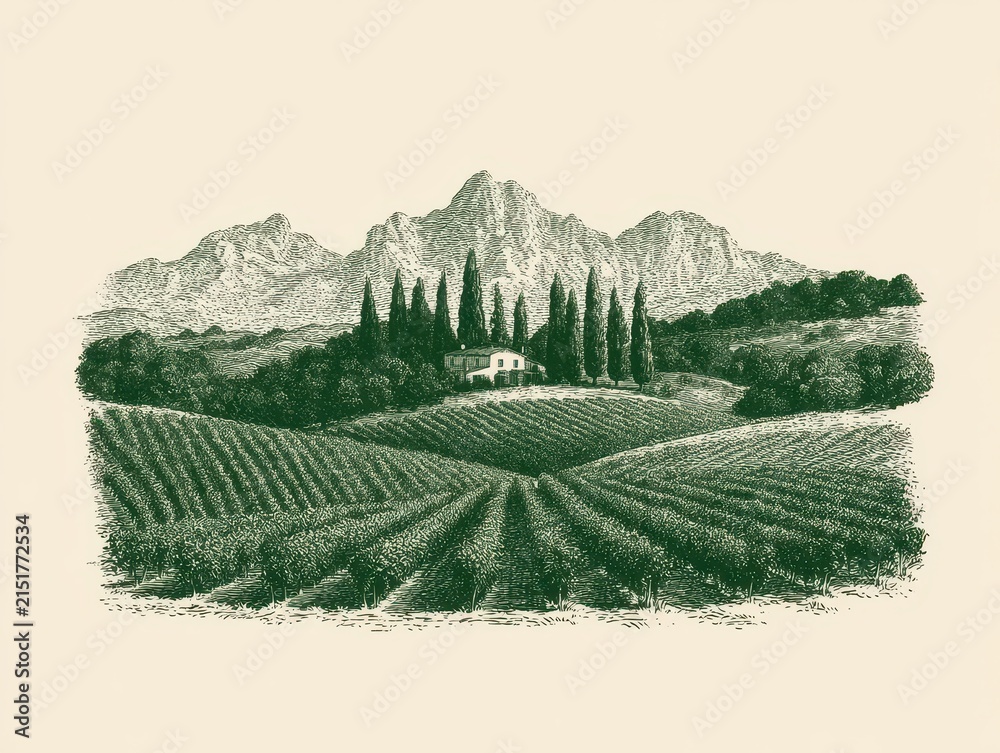 Fototapeta premium Engraving style illustration of a scenic italian landscape with a farmhouse, cypress trees, and mountains in the background