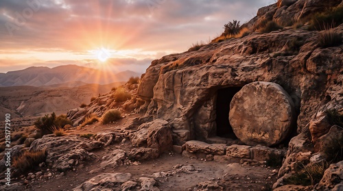 Massive stone rolled away from an ancient cave tomb at a glorious golden sunrise, Easter resurrection concept