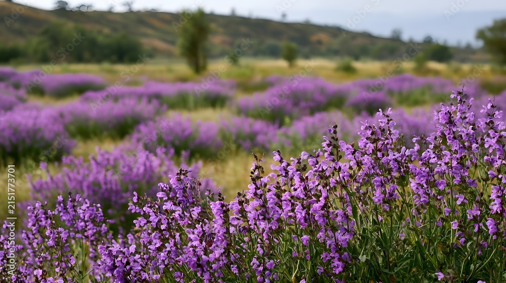 Obraz premium A vibrant field of purple flowering plants stretches across a rolling hillside under soft daylight