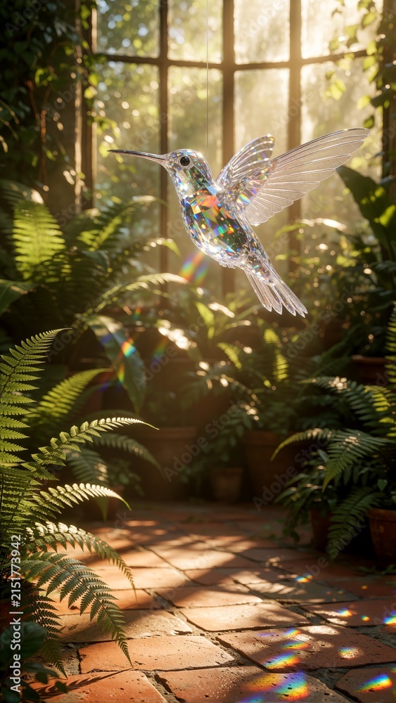 Obraz premium Crystal Hummingbird Ornament Hanging in Sunlit Greenhouse with Prism Light Reflections