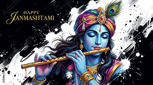 Happy janmashtami illustration of lord krishna playing flute