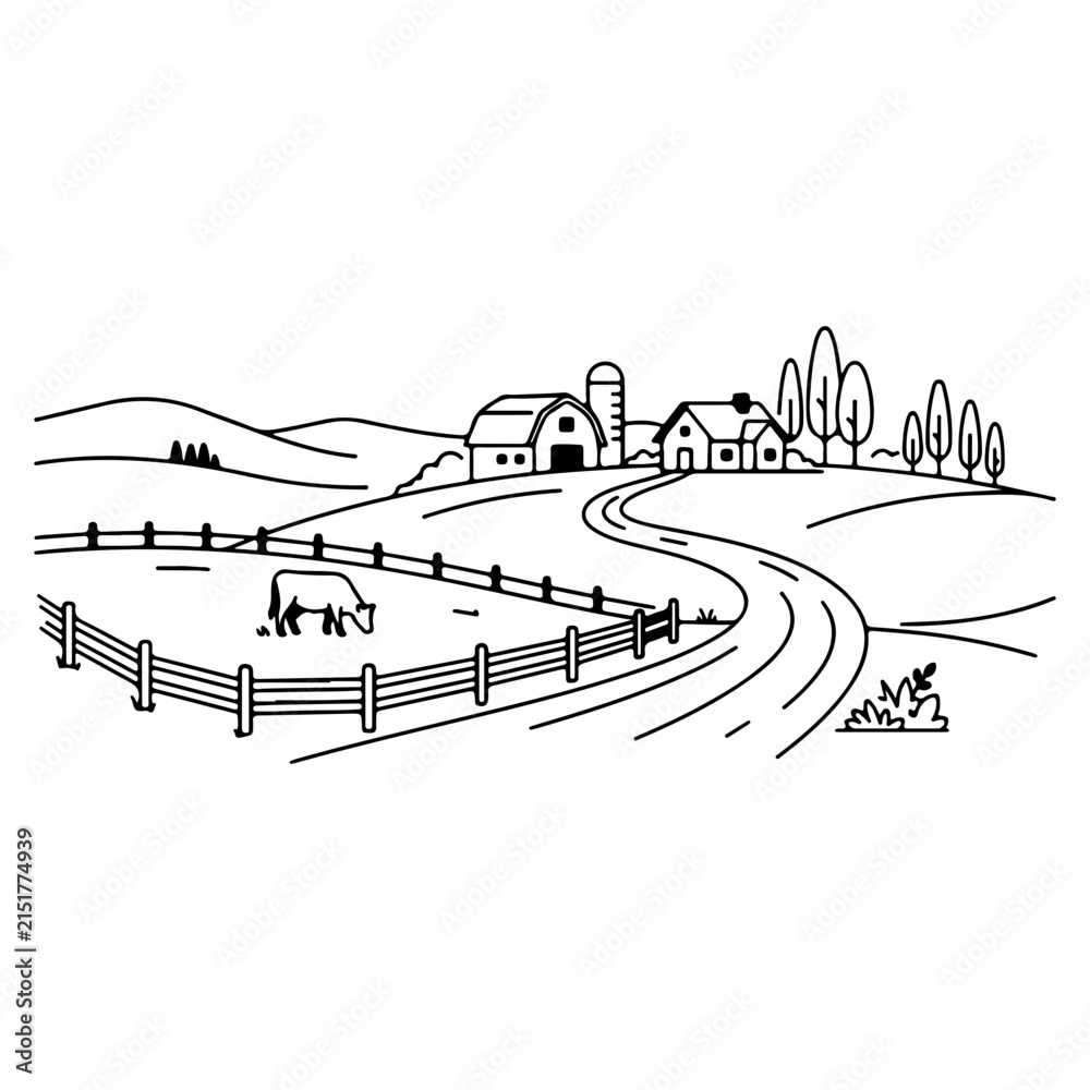Fototapeta premium Black and white winding country road illustration