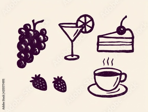 Set of hand drawn food and drinks, grapes, cocktail glass with orange slice, slice of cake with cherry, strawberries, cup of coffee, doodle style illustrations