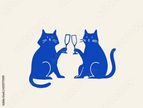 Two cute blue cats toasting with champagne glasses, minimalist illustration