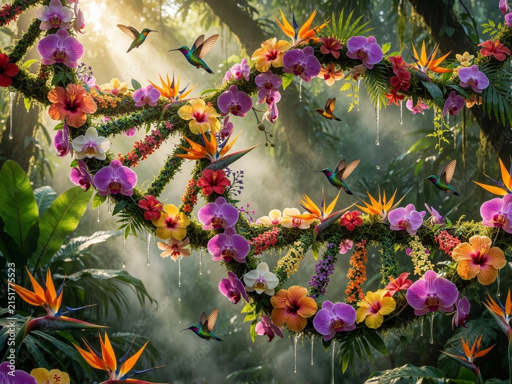 Fototapeta premium Conceptual DNA Helix Formed by Colorful Tropical Flowers and Hummingbirds in a Lush Jungle