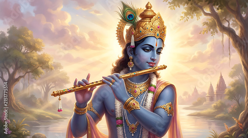 Lord krishna playing the flute in a serene divine landscape