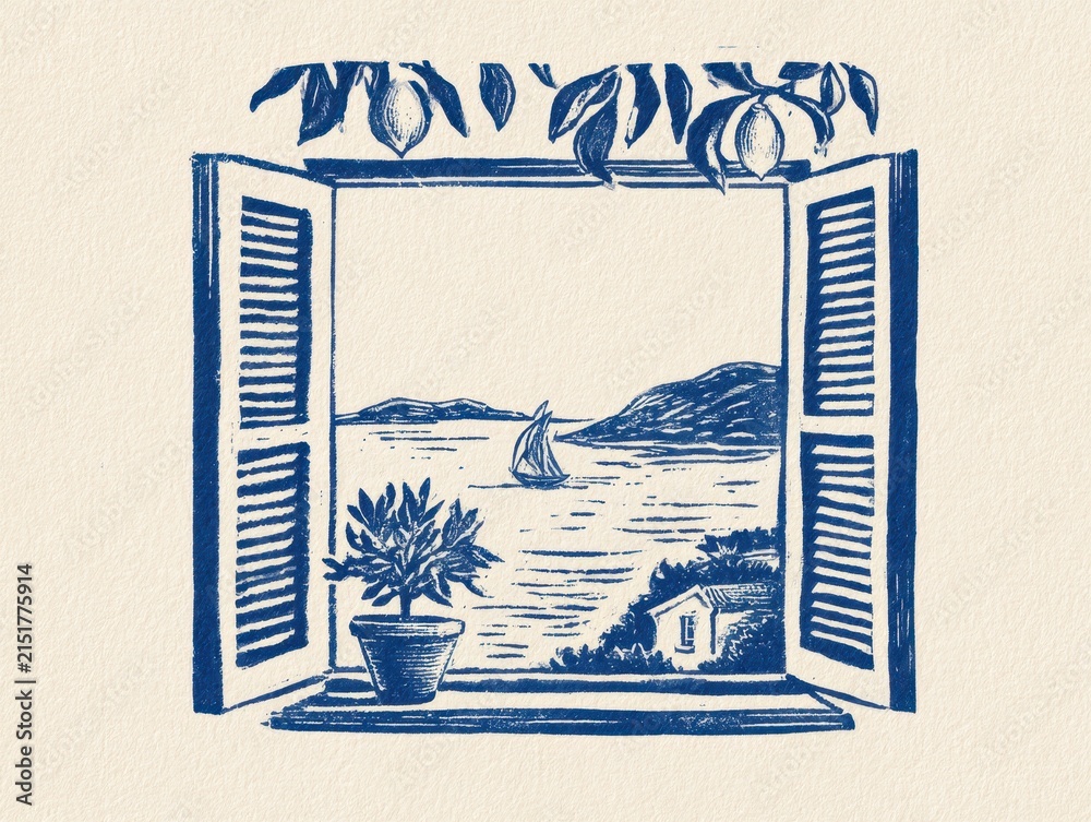 Fototapeta premium Vintage blue ink engraving style illustration of an open window overlooking a mediterranean sea landscape with a sailboat