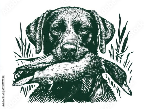 Labrador retriever hunting dog holding a duck in its mouth, vintage woodcut style illustration