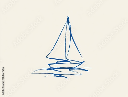 Minimalist blue ink brush stroke drawing of a sailboat on water