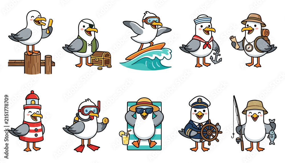 Obraz premium Cute Seagull Cartoon Character Set Featuring Nautical Costumes Like Pirate, Sailor, Captain, Diver, and Beach Vacation Themes for Kids Sticker Designs 