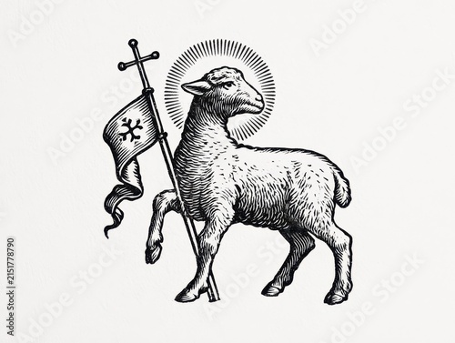 Engraving style illustration of agnus dei, the lamb of god, holding a cross flag with a halo, isolated on white background