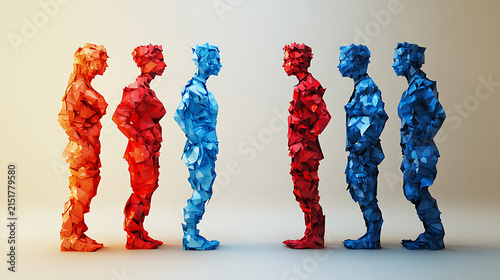 Opposing Red and Blue Figures Symbolizing Division and Conflict.