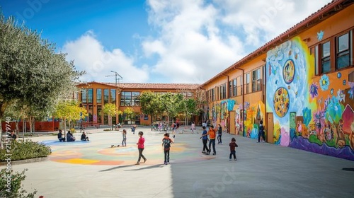 Colorful school playground with children playing outdoors in sunlit area