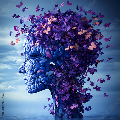 Surreal Human Head Sculpture with Purple Flowers and Butterflies.