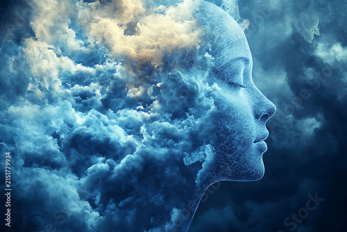 Surreal Portrait of Woman Face Merging with Dramatic Stormy Clouds