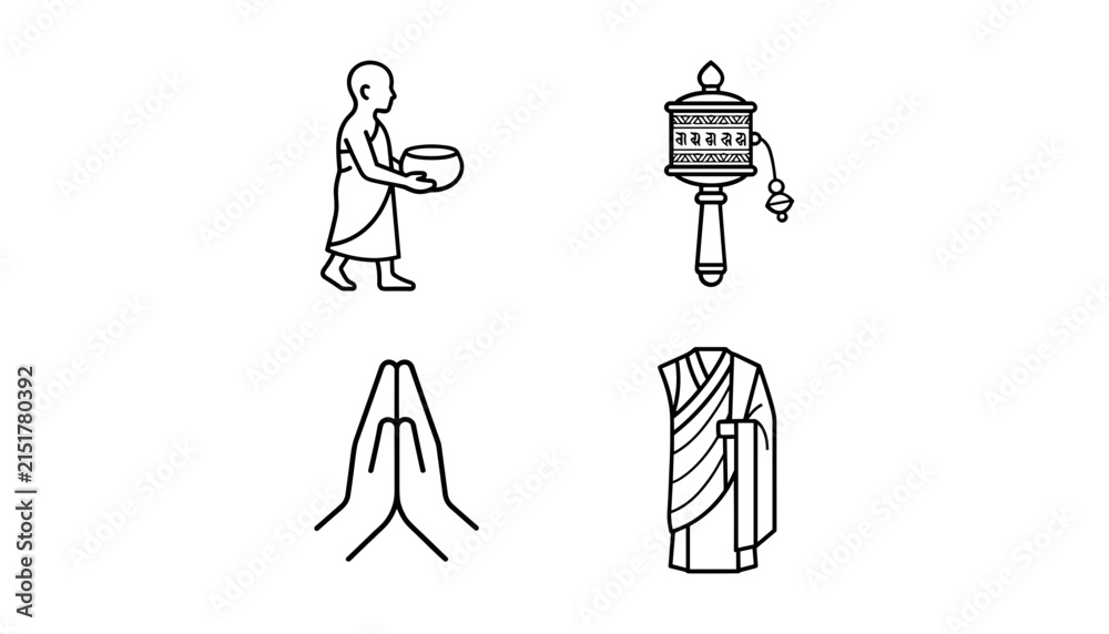 Naklejka premium Traditional Buddhist Monk Devotion and Ritual Icon Set Featuring Alms Begging Bowl, Sacred Tibetan Prayer Wheel, Praying Hands Namaste Gesture, and Holy Kasaya Robe Vector