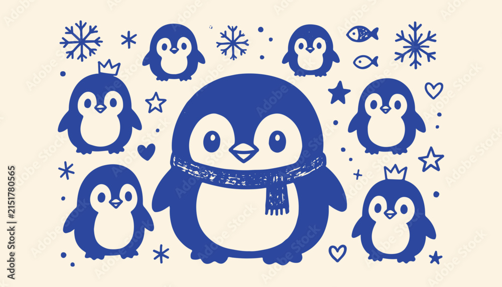 Obraz premium Cute Penguin Doodle Icon Collection with Snowflakes, Stars and Whimsical Winter Animal Illustrations 