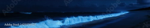 Bioluminescent Night Surf Glowing Along a Dark Beach, Widescreen Seamless Loop Animation