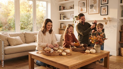 Happy family decorating autumn table together at home.