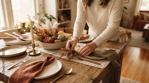 Woman setting a rustic wooden dining table for a meal.