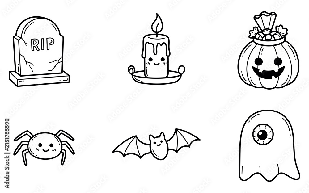 Fototapeta premium Set of cute hand drawn halloween icons featuring a ghost bat spider candle pumpkin and tombstone