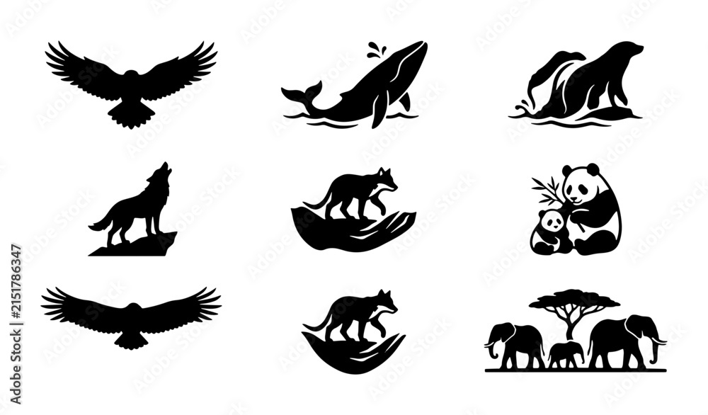 Fototapeta premium Wildlife Conservation Logos: 9 Animal Icons for Nature Protection, Eco-Friendly Brands, and Safari Themes